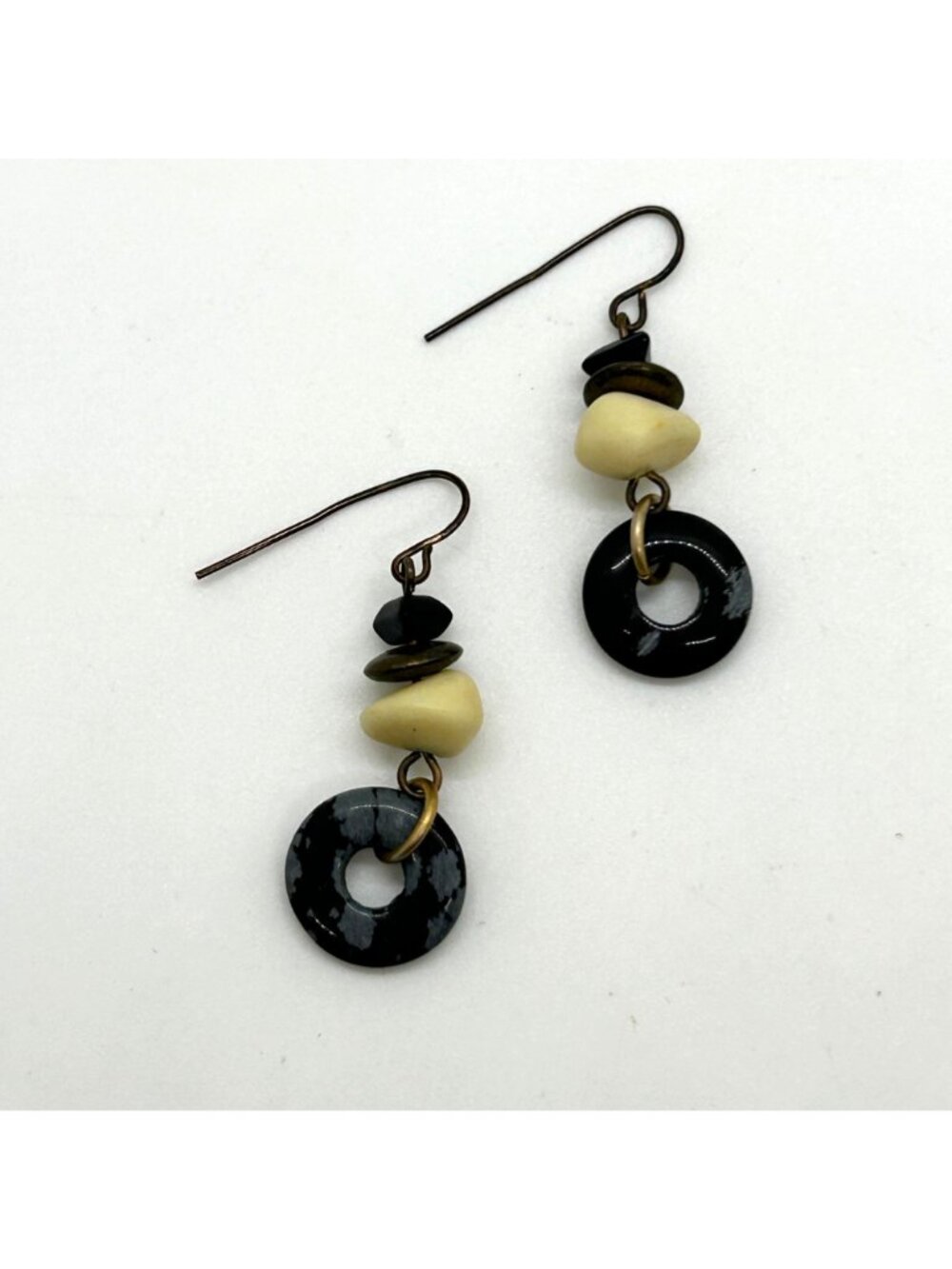 Handcrafted Acrylic Bead and Donut Ring Stacked Bead Dangle Earrings - Picture 3 of 11